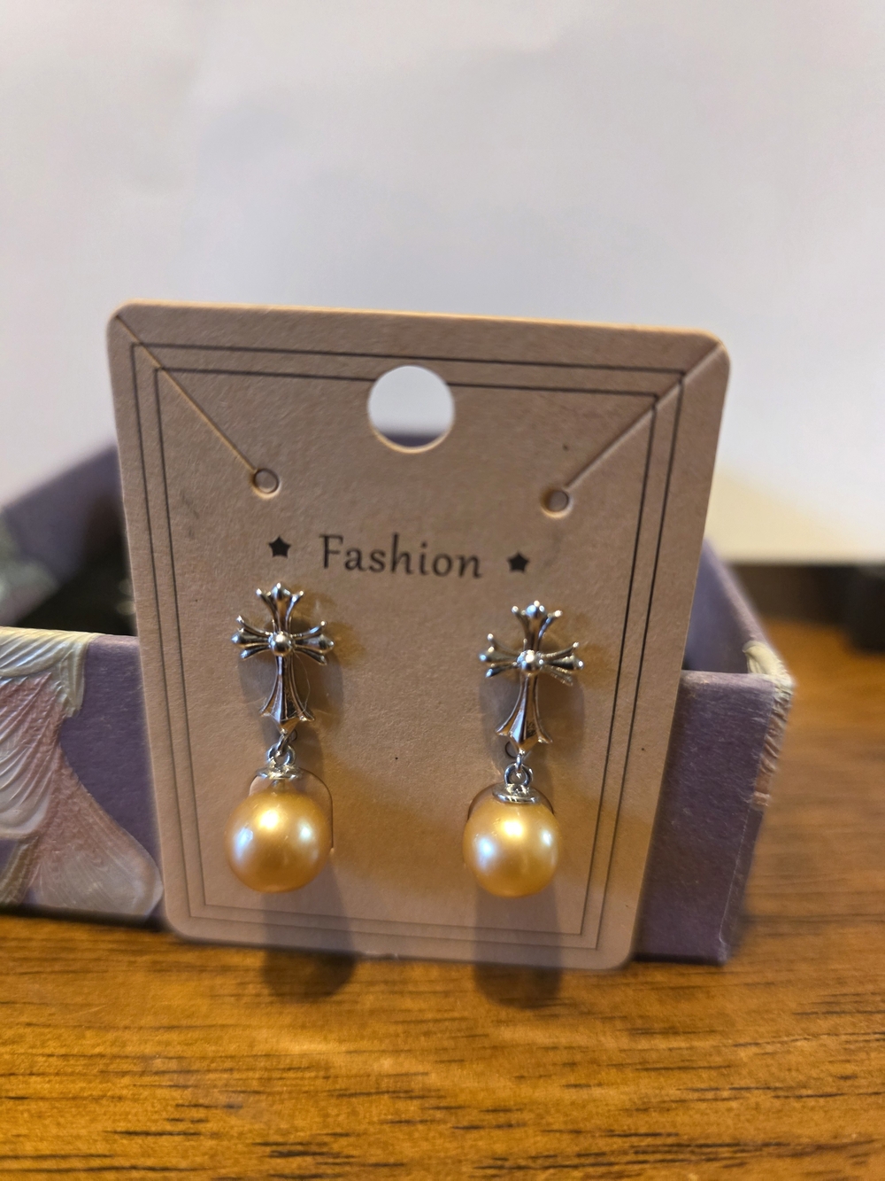 Gold Pearl Drop Cross Earrings